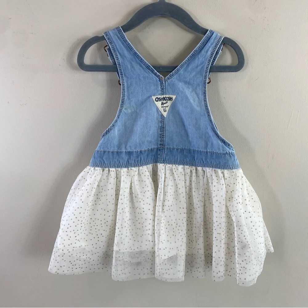 OshKosh B’Gosh Infant Girl Mixed Media Polka‎ Dot Denim Overall Dress Sz 24M